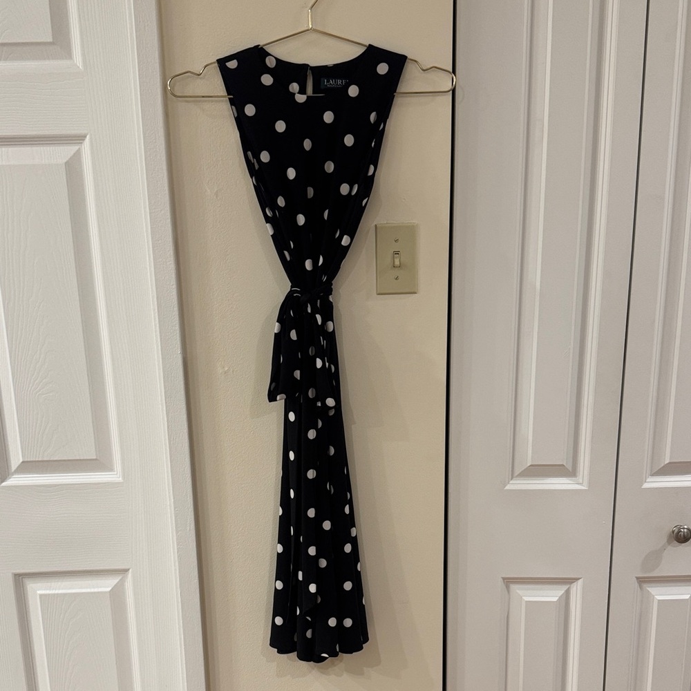 Lauren Ralph Lauren Black Polka Dot A Line Dress with Removable Waist Tie/Scarf